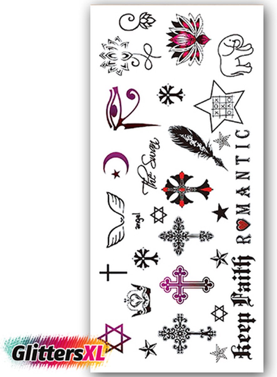 GlittersXL - Temporary Tattoo Kruis/Ster/Spiritueel/Religie (19x9 cm) [Neptattoo - Tijdelijke tatoeage - Nep Fake Tattoos - Water overdraagbare festival sticker henna outfit tattoo - Glitter tattoo - Volwassenen Kinderen Jongen Meisje]